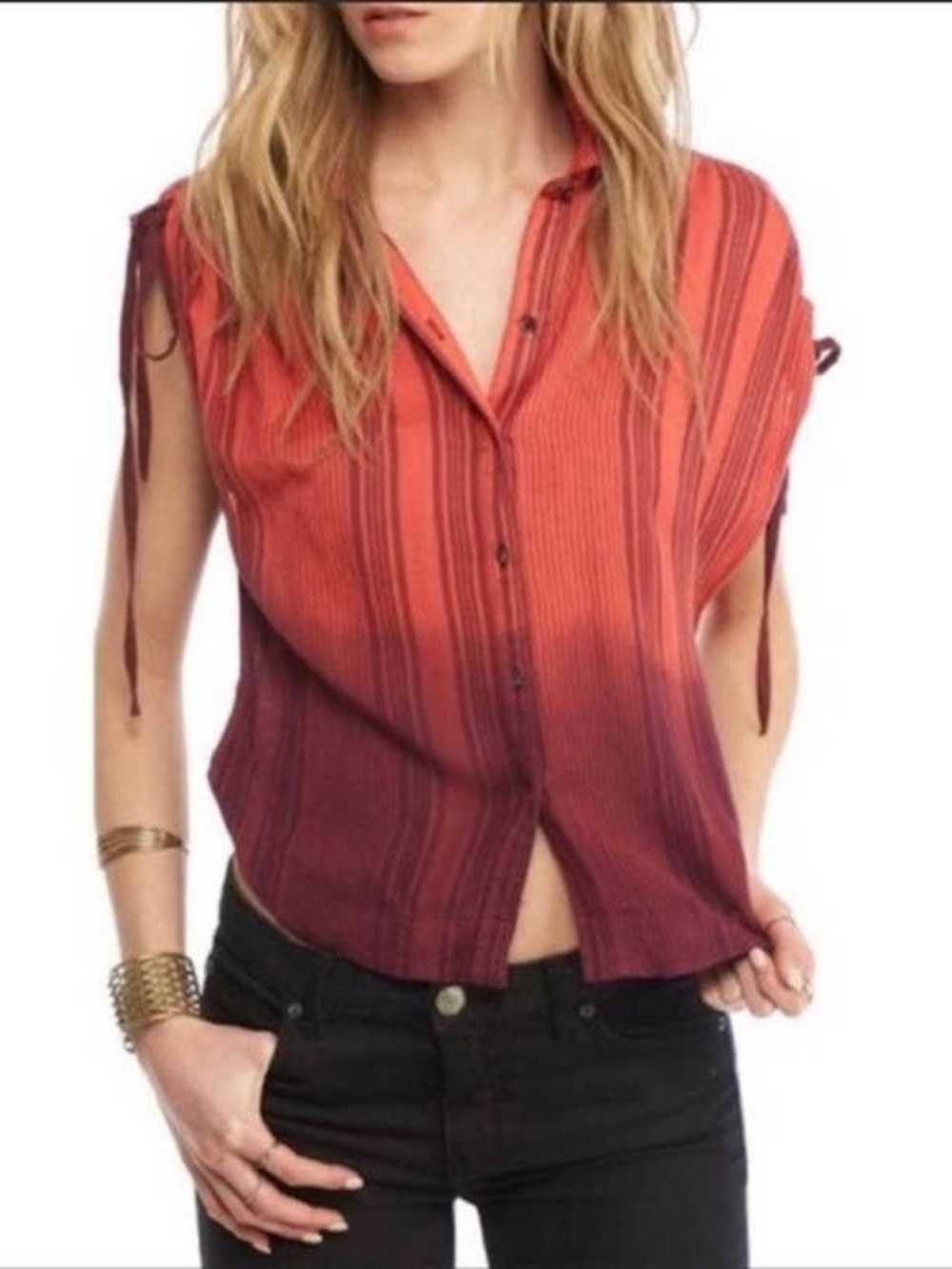 Free People Ombre Red to Burgundy Striped Button-Down Cap Sleeve Top